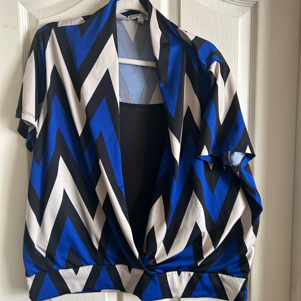 Claudia Richard Women Blue, Black & Beige Zigzag Short Sleeve Blouse 2X Plus Sz